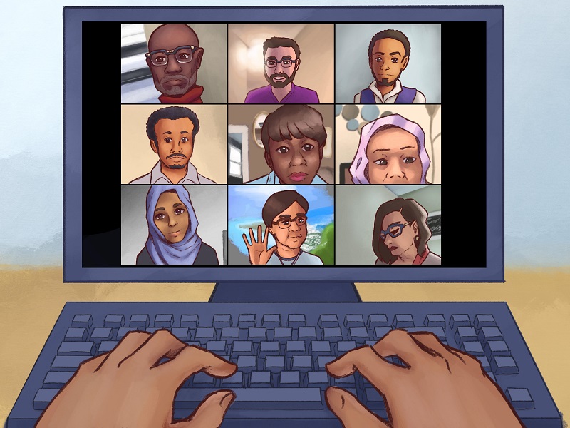 Computer screen illustration showing diverse students together online.